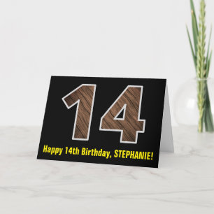 14e verjaardag: naam + nep houtnerfpatroon "14" kaart