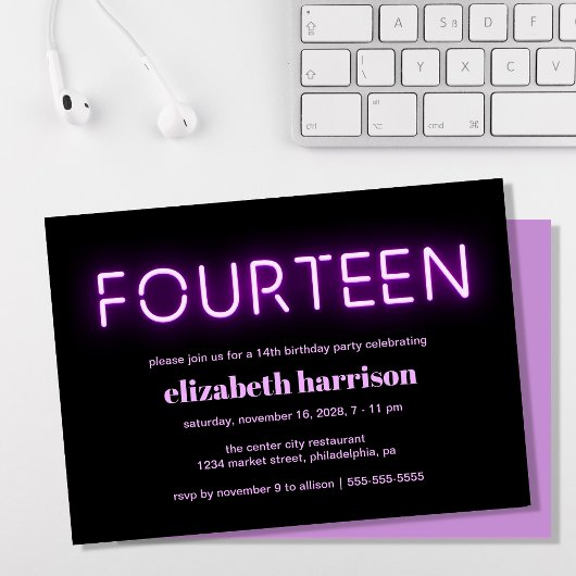 14e verjaardag Paarse neonverlichting Kaart