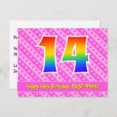 14e verjaardag: Pink Stripes & Hearts, Rainbow 14 Briefkaart (Voorkant / Achterkant)