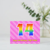14e verjaardag: Pink Stripes & Hearts, Rainbow 14 Briefkaart (Staand voorkant)