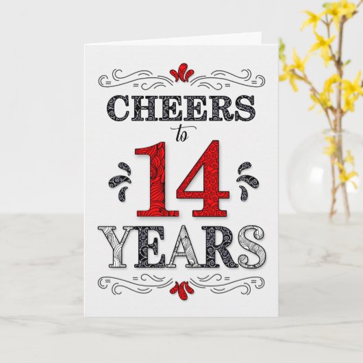 14e verjaardag Proost in rood wit zwart patroon Kaart (Gele Bloem)