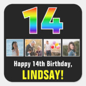 14e verjaardag: Regenboog "14"; Aangepaste foto's Vierkante Sticker (Voorkant)