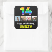 14e verjaardag: Regenboog "14"; Aangepaste foto's Vierkante Sticker (Tas)