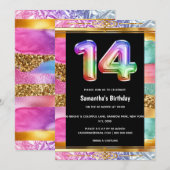 14e verjaardag regenbooglitter kleurrijke partij kaart (Voorkant / Achterkant)