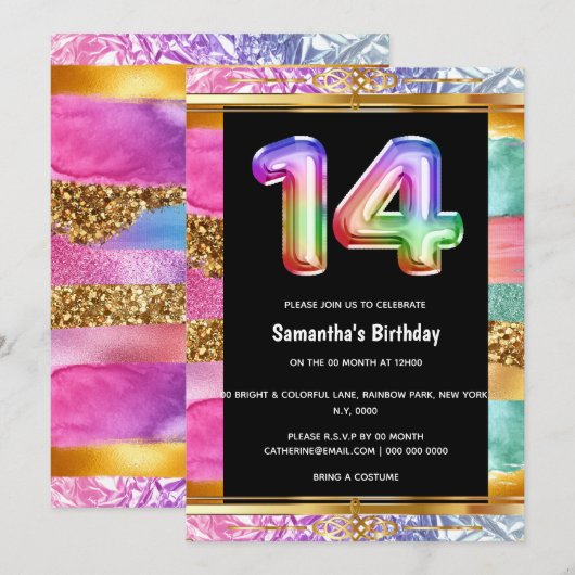 14e verjaardag regenbooglitter kleurrijke partij kaart (Voorkant / Achterkant)