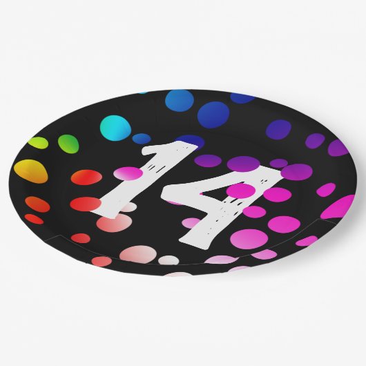 14e verjaardag RegenboogStippen op zwart Papieren Bordje (Gekanteld)