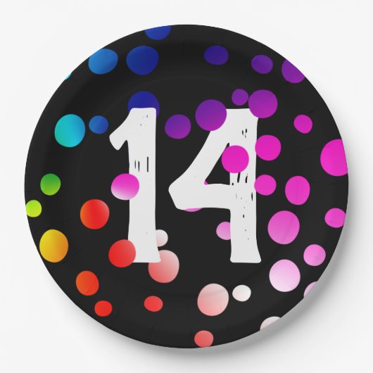 14e verjaardag RegenboogStippen op zwart Papieren Bordje (Voorkant)