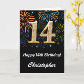14e verjaardag regenboogvuurwerk zwart en goud kaart (Gele Bloem)
