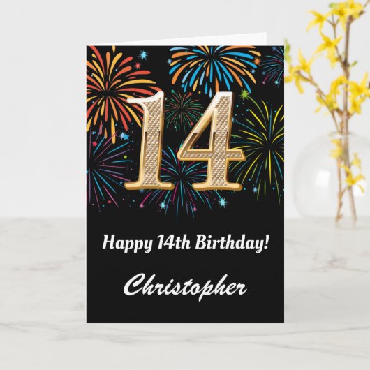 14e verjaardag regenboogvuurwerk zwart en goud kaart (Gele Bloem)