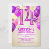 14e verjaardag roze ballonnen uitnodiging (Voorkant)