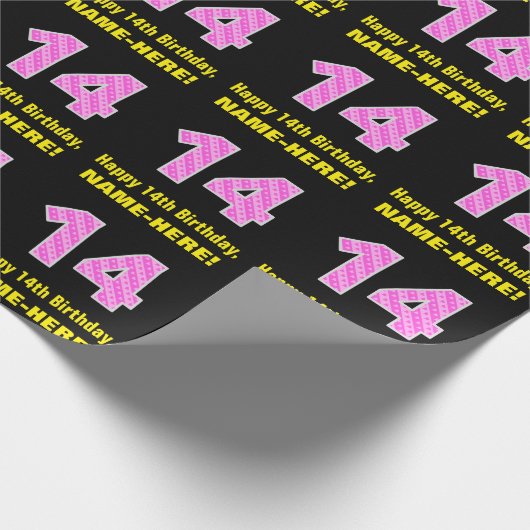 14e verjaardag: roze strepen en harten "14" + naam cadeaupapier (Hoek)