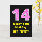 14e verjaardag: roze strepen en harten "14" + naam kaart (Gele Bloem)