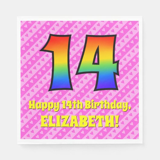 14e verjaardag: roze strepen & harten, regenboog # servet (Voorkant)