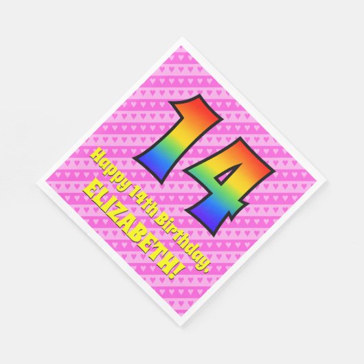 14e verjaardag: roze strepen & harten, regenboog # servet (Hoek)