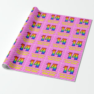 14e verjaardag: Roze strips en harten, regenboognr Cadeaupapier