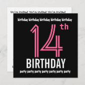 14e verjaardag Sjabloon uitnodiging roze zwart (Voorkant / Achterkant)