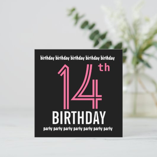 14e verjaardag Sjabloon uitnodiging roze zwart (Staand voorkant)