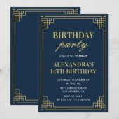 14e Verjaardag Uitnodiging Meisje Navy Gold (Voorkant / Achterkant)