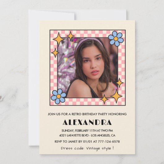 14e verjaardag uitnodiging Retro Groovy Blue Flora (Voorkant)