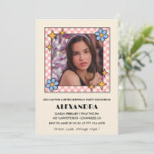 14e verjaardag uitnodiging Retro Groovy Blue Flora (Staand voorkant)