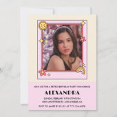 14e verjaardag uitnodiging Retro Groovy Pink Flora (Voorkant)