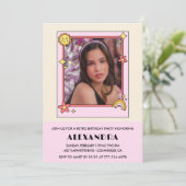 14e verjaardag uitnodiging Retro Groovy Pink Flora (Staand voorkant)