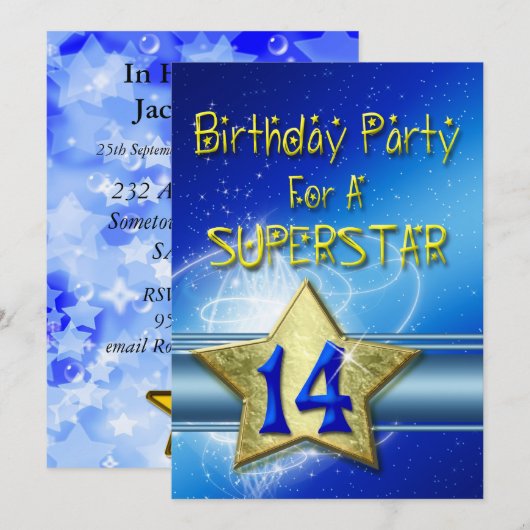 14e verjaardag Uitnodiging voor een Superstar. (Voorkant / Achterkant)
