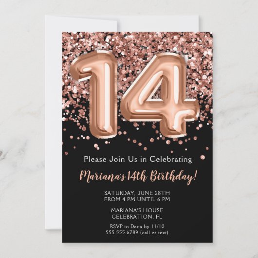 14e verjaardag Uitnodiging zwart Roos Gold Glitter (Voorkant)