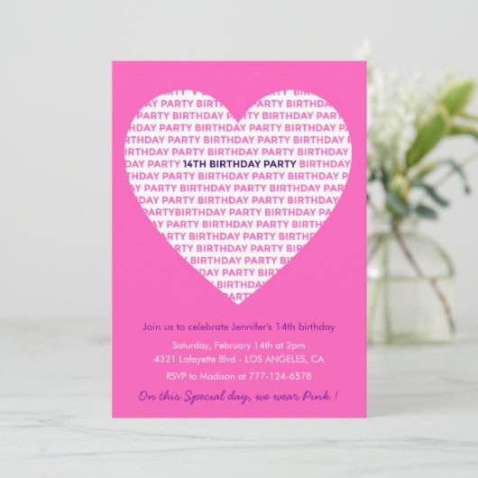14e verjaardag uitnodigingen Pink Heart Modern (Staand voorkant)