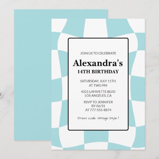 14e verjaardag uitnodigingen Retro Checkered Blue (Voorkant / Achterkant)