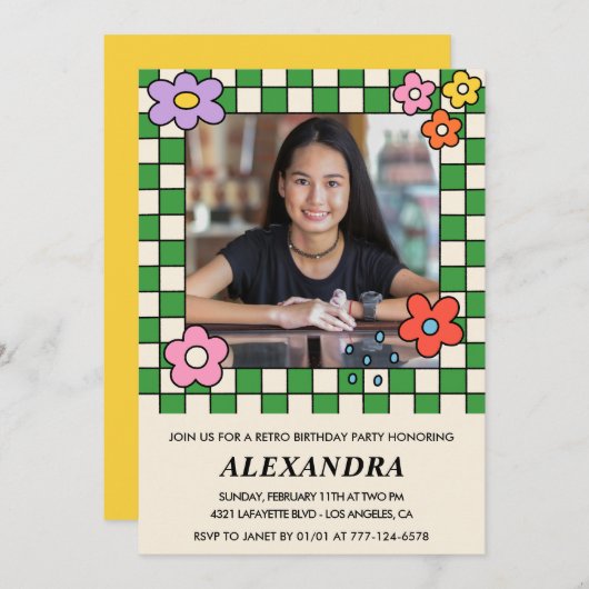 14e verjaardag uitnodigingen Retro Groovy Bloemen (Voorkant / Achterkant)