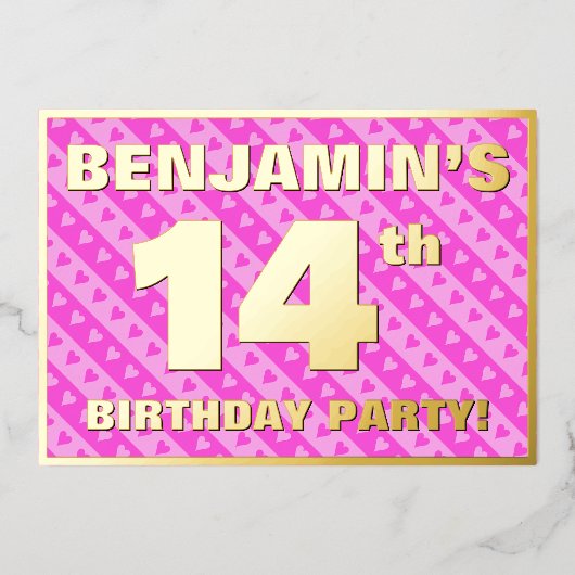 14e verjaardag van de opstand - vuurroze harten en folie uitnodiging (Voorkant)