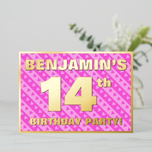 14e verjaardag van de opstand - vuurroze harten en folie uitnodiging (Staand Voorkant)
