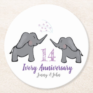 14e verjaardag van ivoorbruiloft schattige olifant ronde kartonnen onderzetter