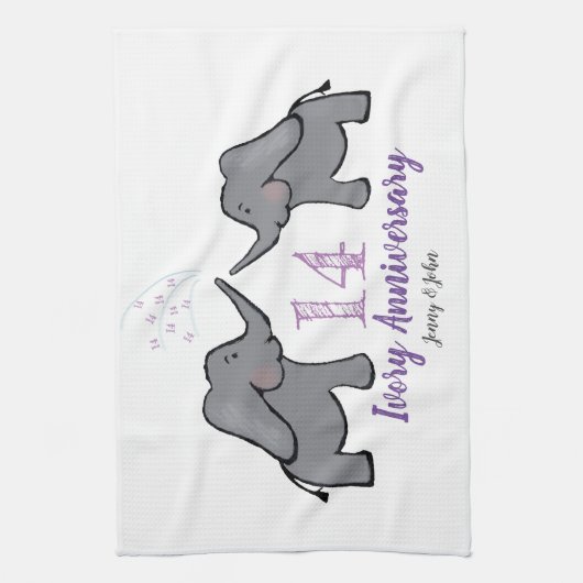 14e verjaardag van ivoorbruiloft schattige olifant theedoek (Verticaal)