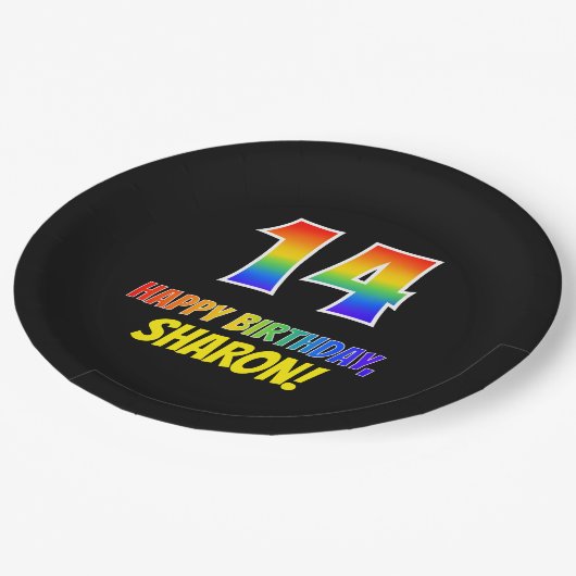 14e verjaardag: Vet, Vun, eenvoudig, regenboog 14 Papieren Bordje (Gekanteld)