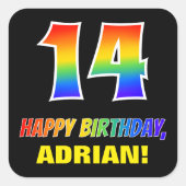 14e verjaardag: Vet, Vun, eenvoudig, regenboog 14 Vierkante Sticker (Voorkant)