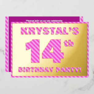 14e verjaardag — Vet, vun, roze band # 14 Folie Uitnodiging