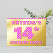 14e verjaardag — Vet, vun, roze band # 14 Folie Uitnodiging (Staand Voorkant)