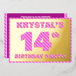 14e verjaardag — Vet, vun, roze band # 14 Folie Uitnodiging