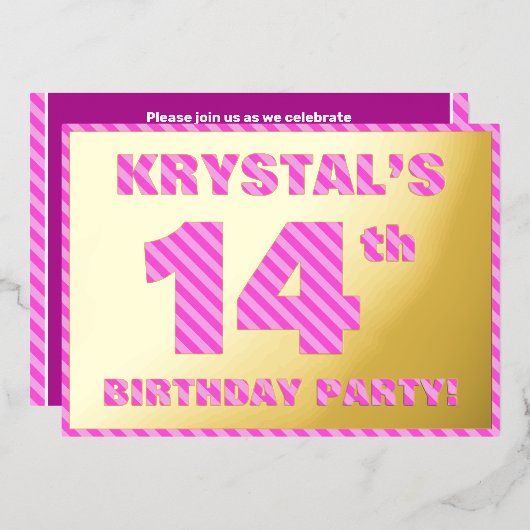 14e verjaardag — Vet, vun, roze band # 14 Folie Uitnodiging (Voorkant / Achterkant)