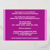 14e verjaardag — Vet, vun, roze band # 14 Folie Uitnodiging (Achterkant)