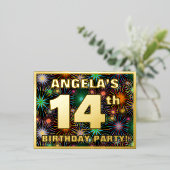 14e verjaardag: Vette, kleurrijke Fireworks-look Folie Uitnodiging Briefkaart (Staand Voorkant)