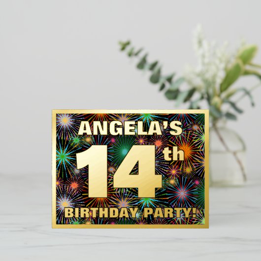 14e verjaardag: Vette, kleurrijke Fireworks-look Folie Uitnodiging Briefkaart (Staand Voorkant)