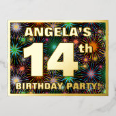 14e verjaardag: Vette, kleurrijke Fireworks-look Folie Uitnodiging Briefkaart (Voorkant)
