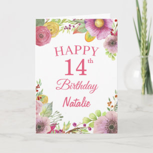 14e verjaardag Waterverf Floral Flowers Roze kaart