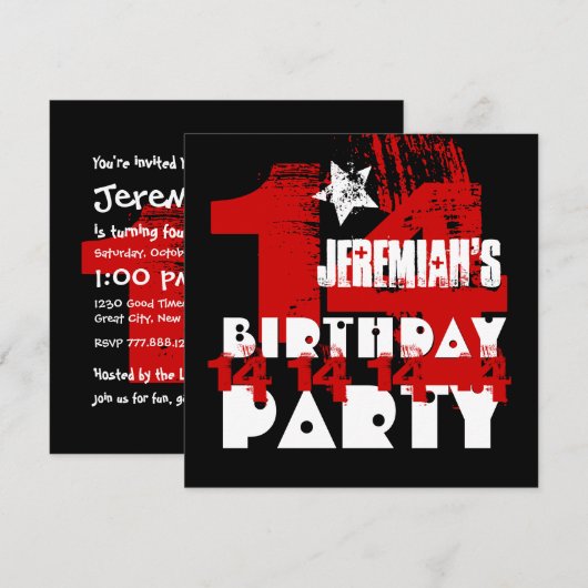 14e verjaardagsfeest Grunge RED en BLACK Z14A1 Kaart (Voorkant / Achterkant)