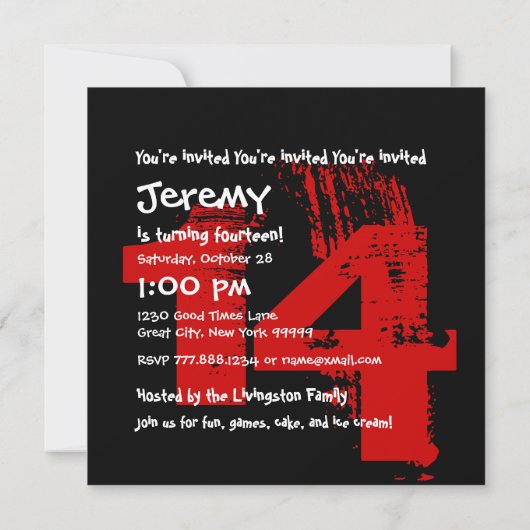 14e verjaardagsfeest Grunge RED en BLACK Z14A1 Kaart (Achterkant)