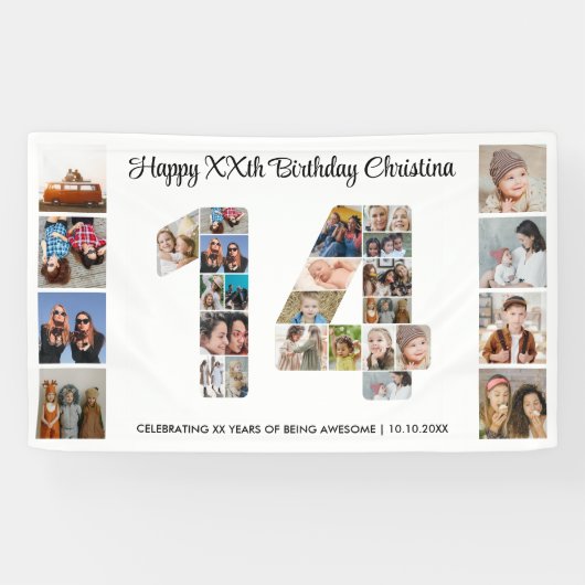 14e verjaardagsfeest Nummer 14 fotocollage Spandoek (Horizontaal)