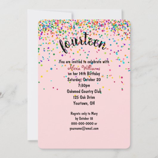 14e verjaardagsfeestje confetti uitnodiging (Voorkant)